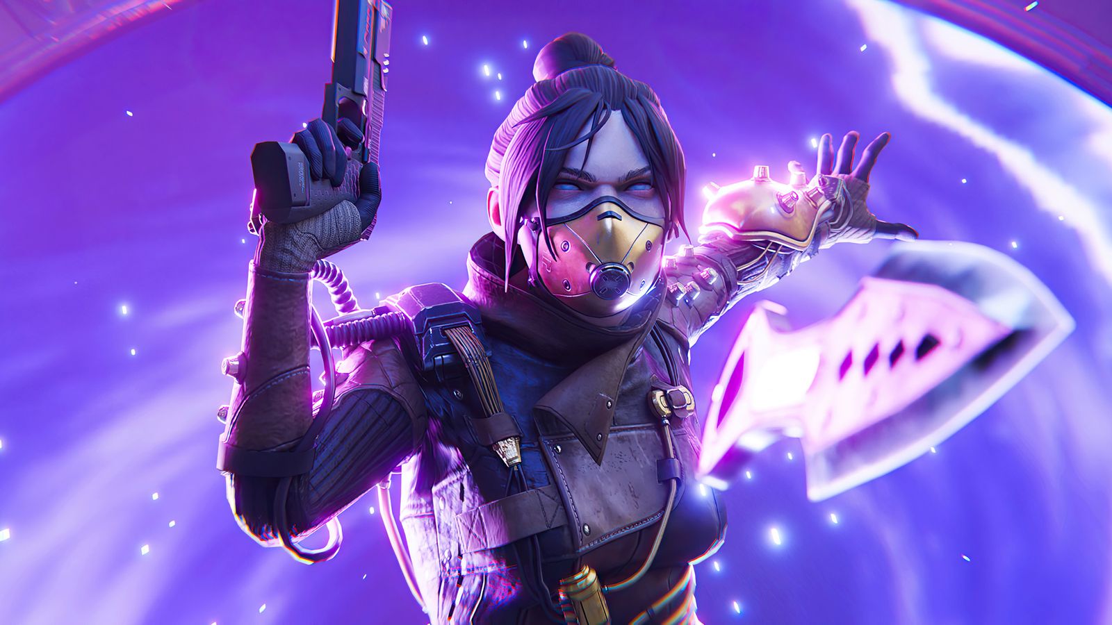 Screenshot of Apex Legends Wraith wearing a mask and holding a pistol on a purple background