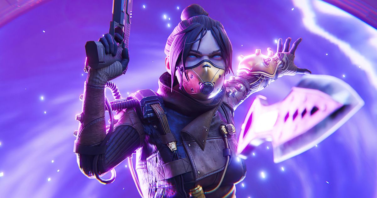 Screenshot of Apex Legends Wraith wearing a mask and holding a pistol on a purple background