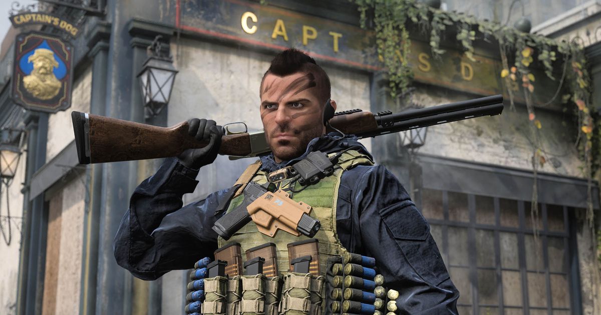 Modern Warfare 3 Soap holding shotgun on shoulder with Captain's Dog pub in background