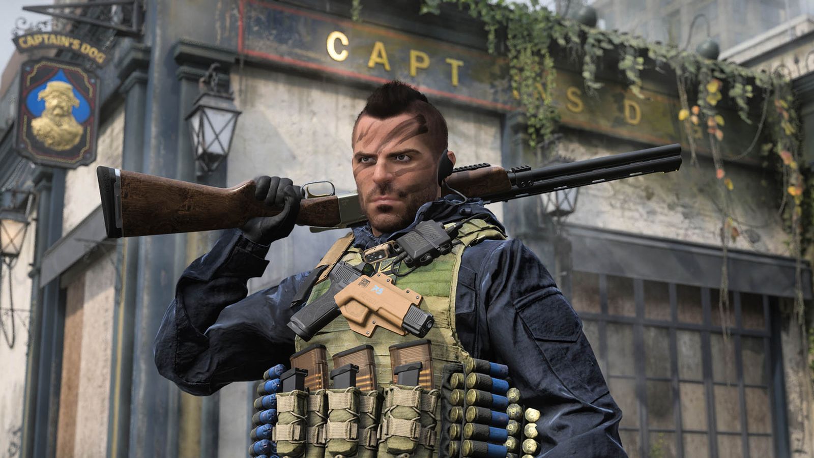 Call of Duty Warzone character holding shotgun with one arm over shoulder