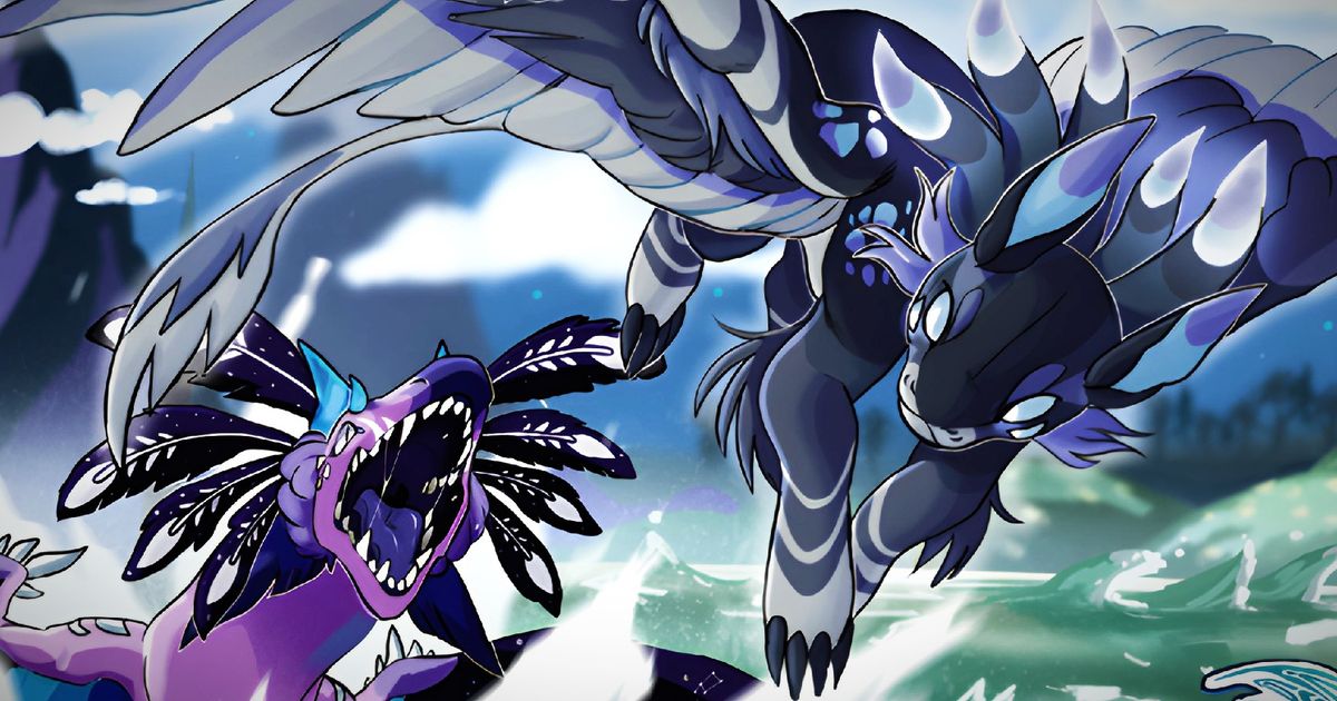 Creatures of Sonaria - purple bird monster (left) biting at a blue cat with wings (right)