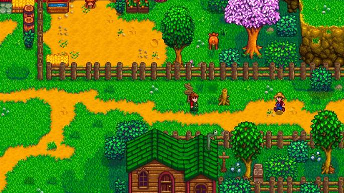 Stardew Valley game art, showing a farm and field.