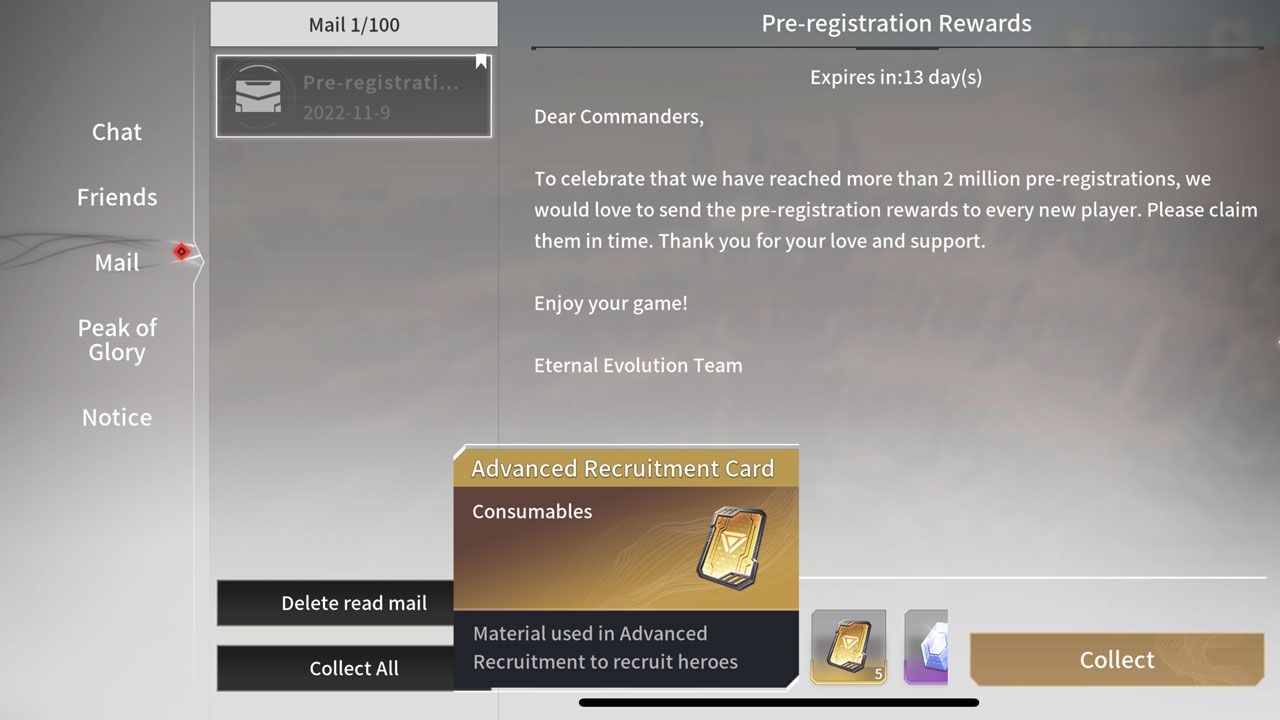 Obtaining the Advanced Recruitment Card used for the Eternal Evolution reroll.