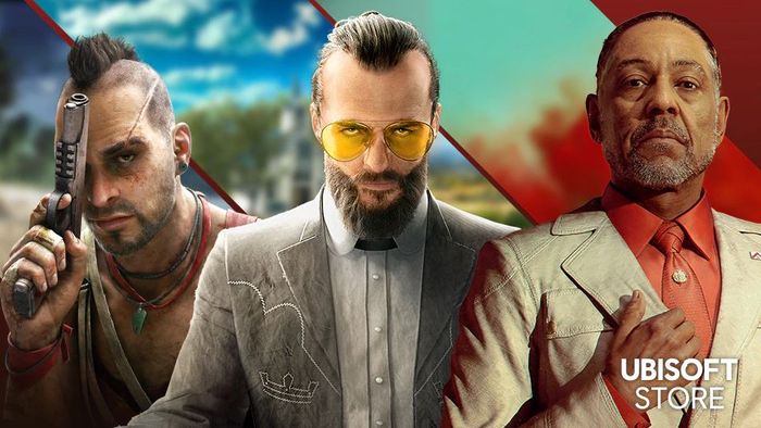 The villains of the Far Cry games in a promotional image. From left to right: Vaas from FC3, Joseph Seed from FC5, and Antón Castillo from FC6.