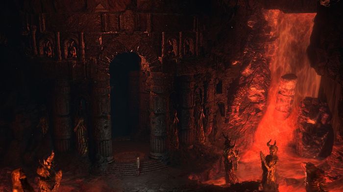 A dark red castle in Diablo 4.