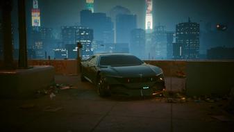 An Outlaw "Weiner" car from Cyberpunk 2077: Phantom Liberty, parked atop a dam with Night City in the background.