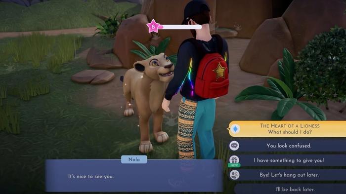 The character is talking to Nala to get The Heart Of A Lioness quest in Disney Dreamlight Valley.