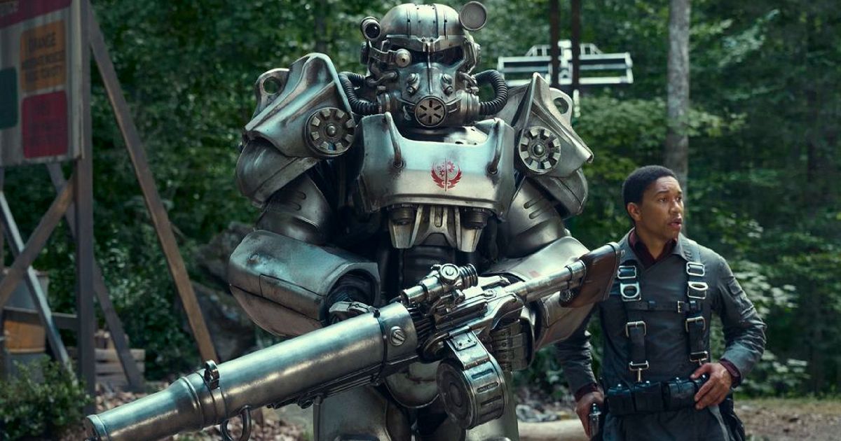 Power Armor standing central in the woods in Amazon's Fallout TV series