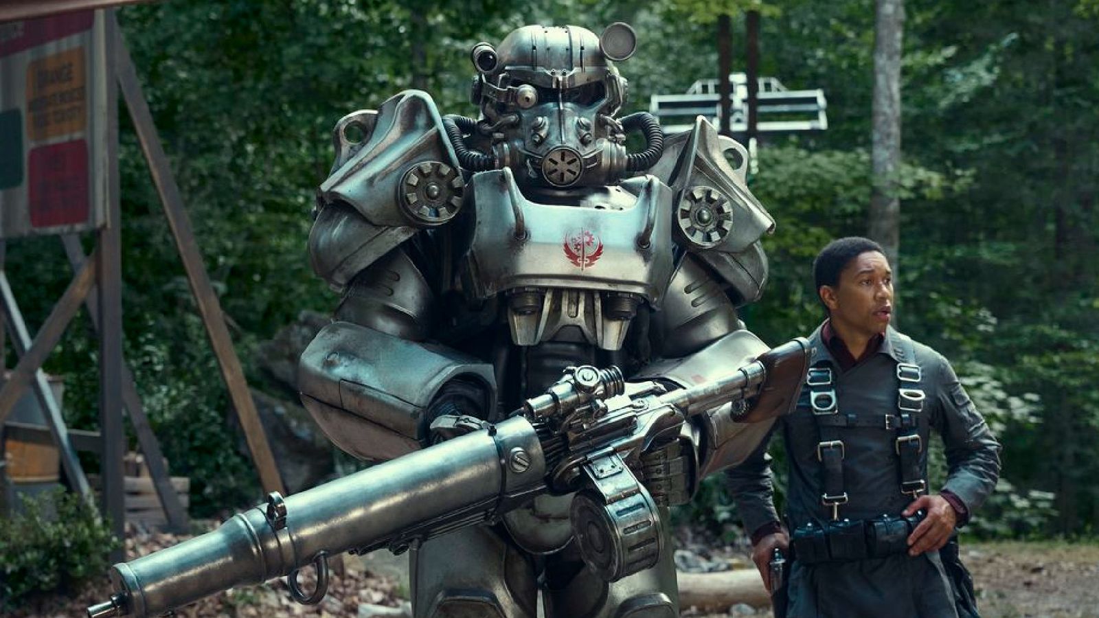 Power Armor standing central in the woods in Amazon's Fallout TV series