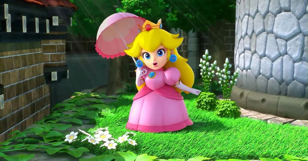 Princess Peach holding a pink umbrella in Super Mario RPG