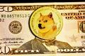 Dogecoin token on a fifty dollar note