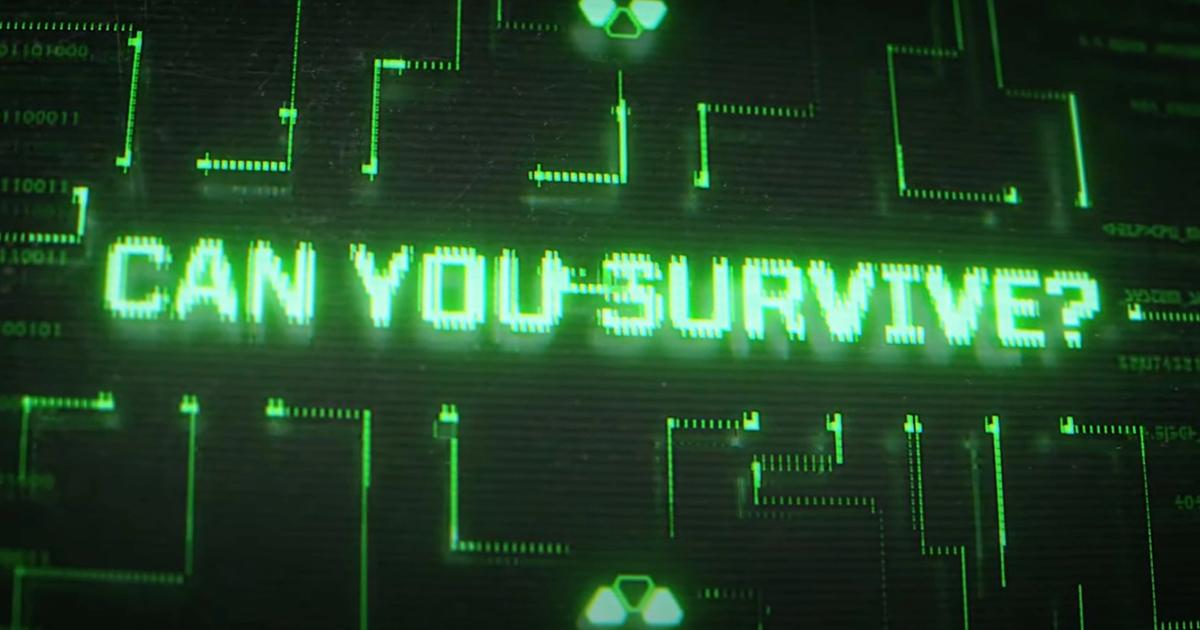 Neon caption 'Can You Survive' shown during the System Shock Remake trailer.
