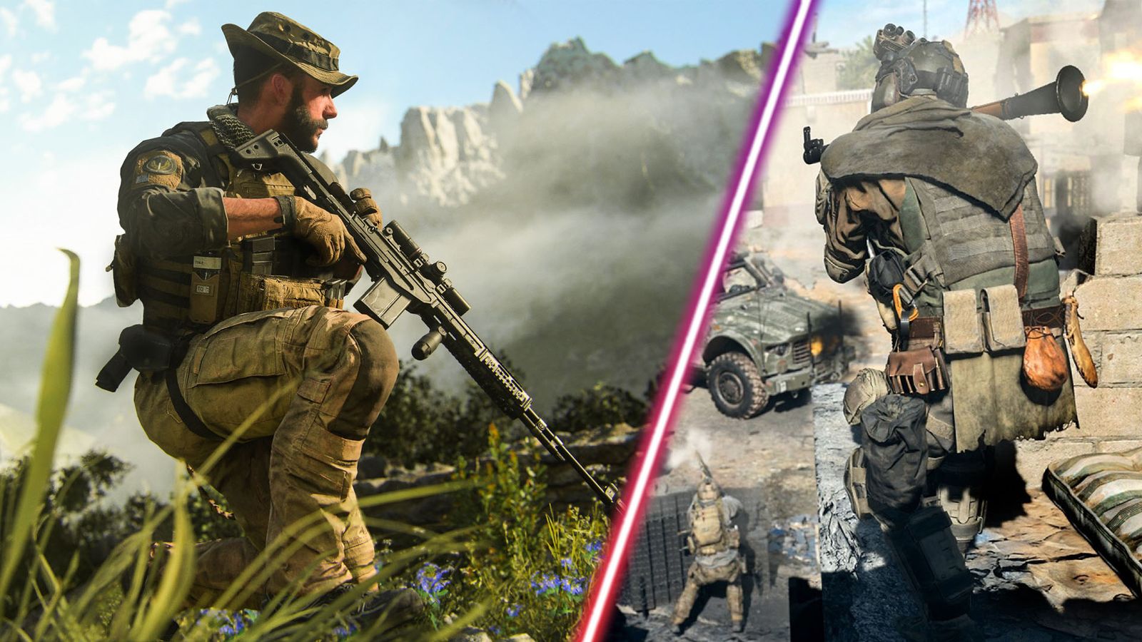 Call of Duty Captain Price crouched holding gun and player firing RPG