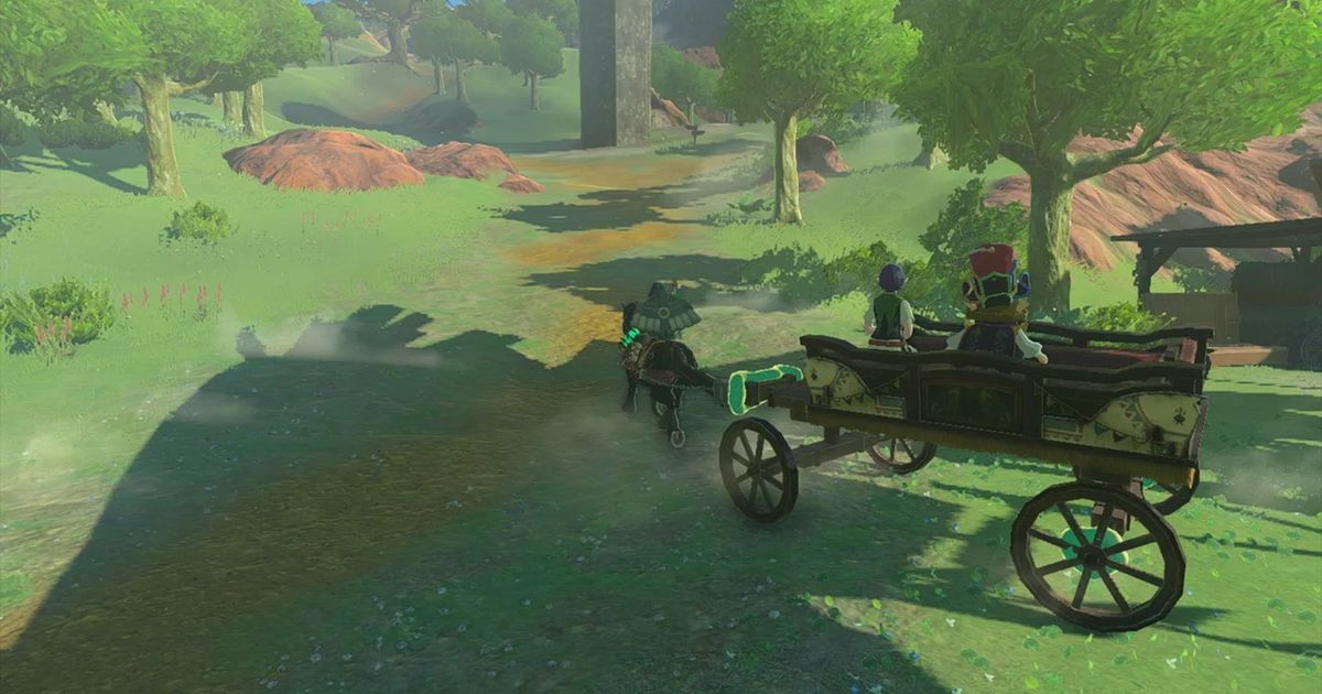 Screenshot of Zelda Tears of the Kingdom horse towing a wagon behind it