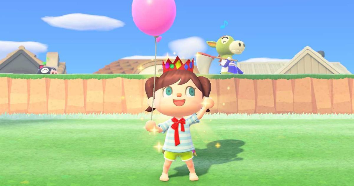 Animal Crossing New Horizons. The player is doing the viva reaction while wearing a cape and a crown. They are holding a pink balloon.