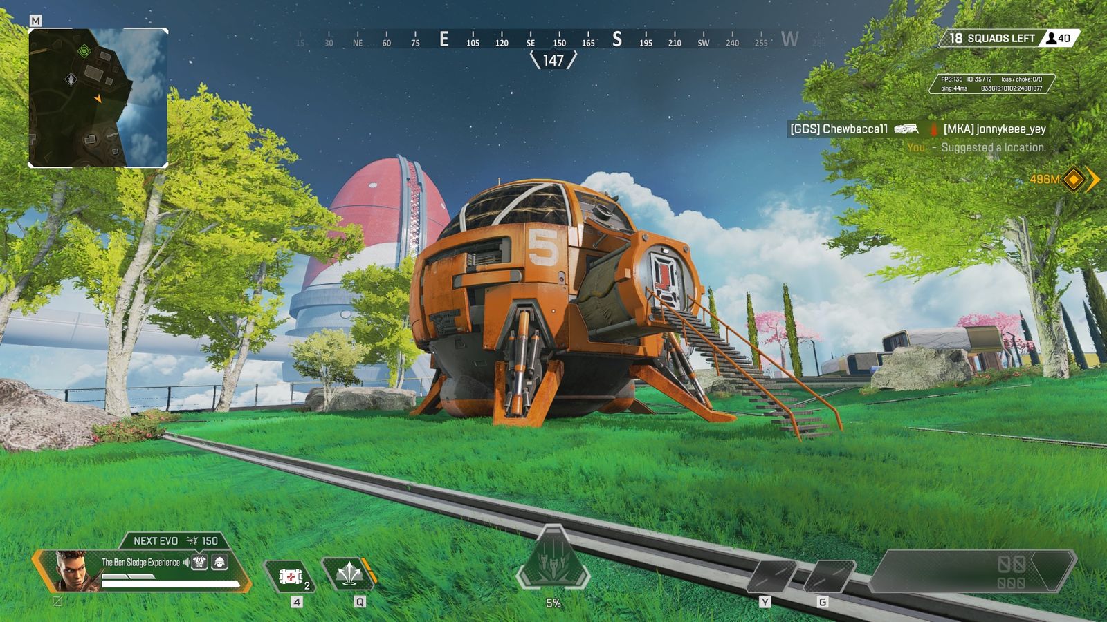 An orange, spherical space ship has landed neatly in the green fields of Apex Legends' Olympus map.