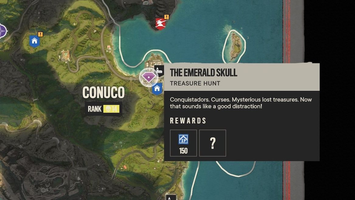 The Far Cry 6 Treasure Hunt, 'The Emerald Skull' shown on the map of Yara.