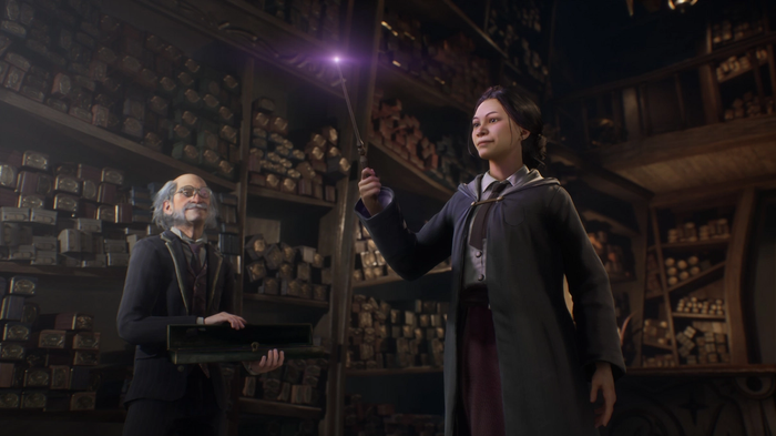 A witch getting her wand in Hogwarts Legacy.
