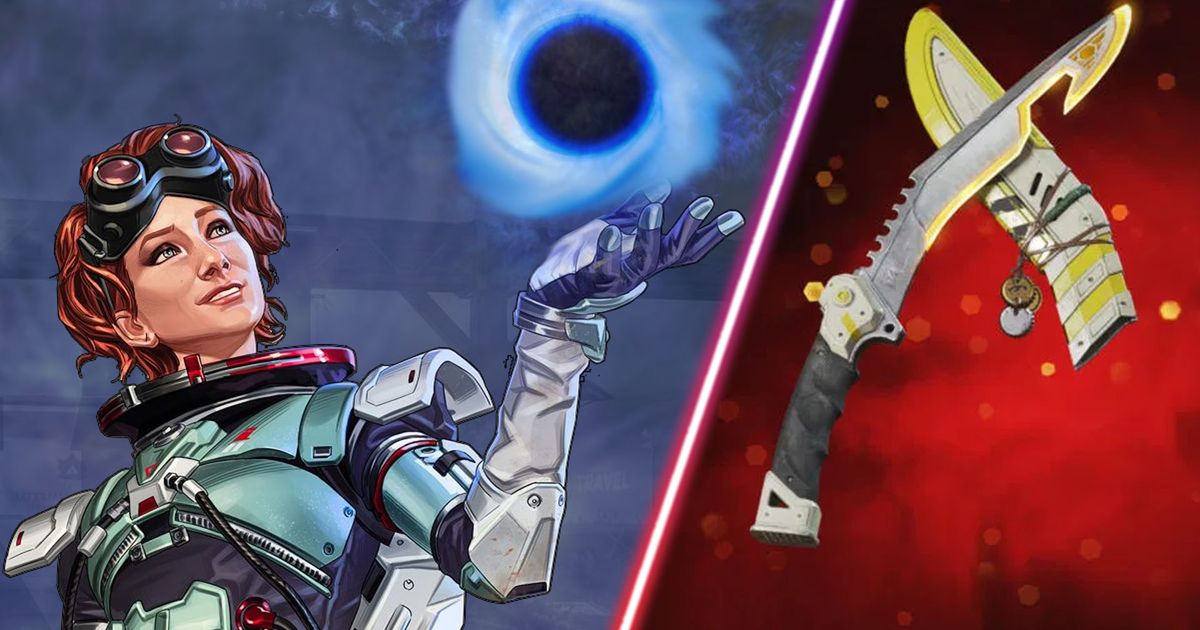 Screenshot showing Apex Legends Horizon with miniature black hole above hand and Bangalore Heirloom on a red background