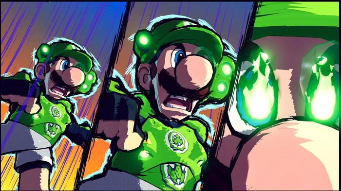 Luigi's eyes light up in green flames for his Mario Strikers Battle League special move.
