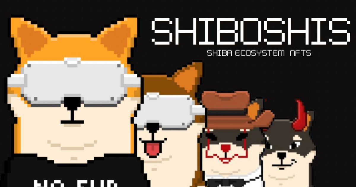 Four Shiboshi NFTs against a black background, featuring the words 'Shiboshis: Shiba Ecosystem NFTs'