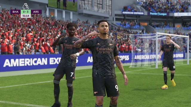 Screenshot of EA Sports FC Gabriel Jesus celebrating with teammates in background
