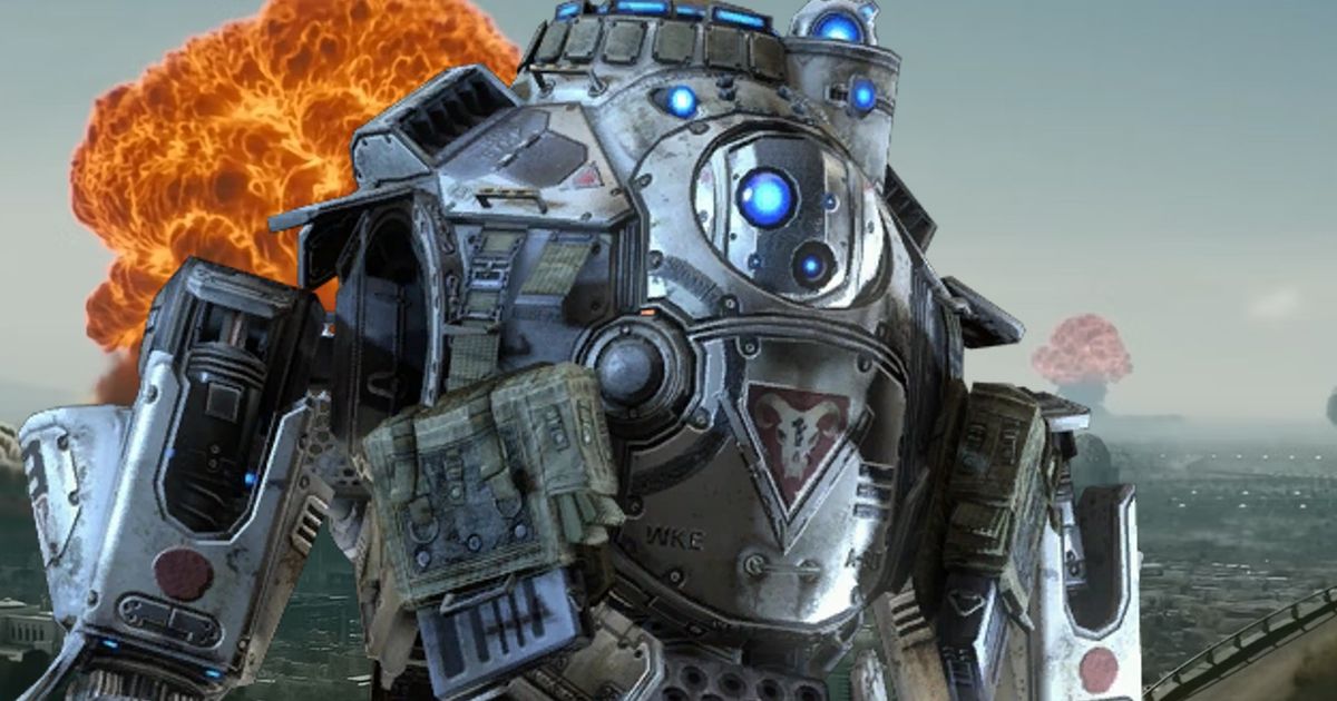 Atlas from Titanfall in front of a background of the bombs going off in Fallout