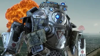 Atlas from Titanfall in front of a background of the bombs going off in Fallout