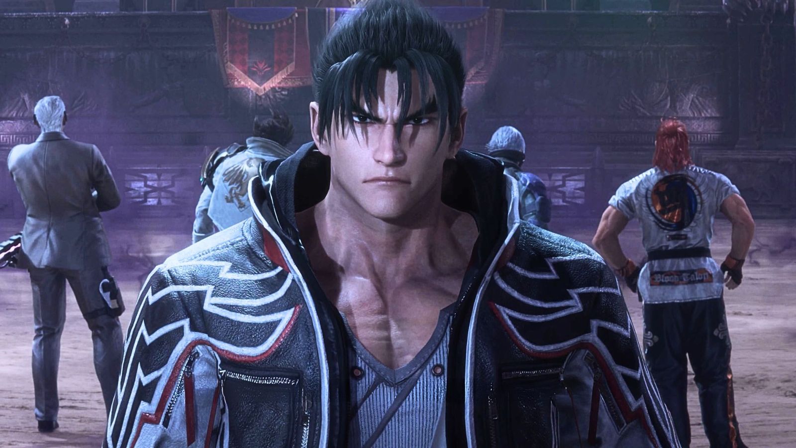 Tekken's Jin walking away from a number of the game's characters