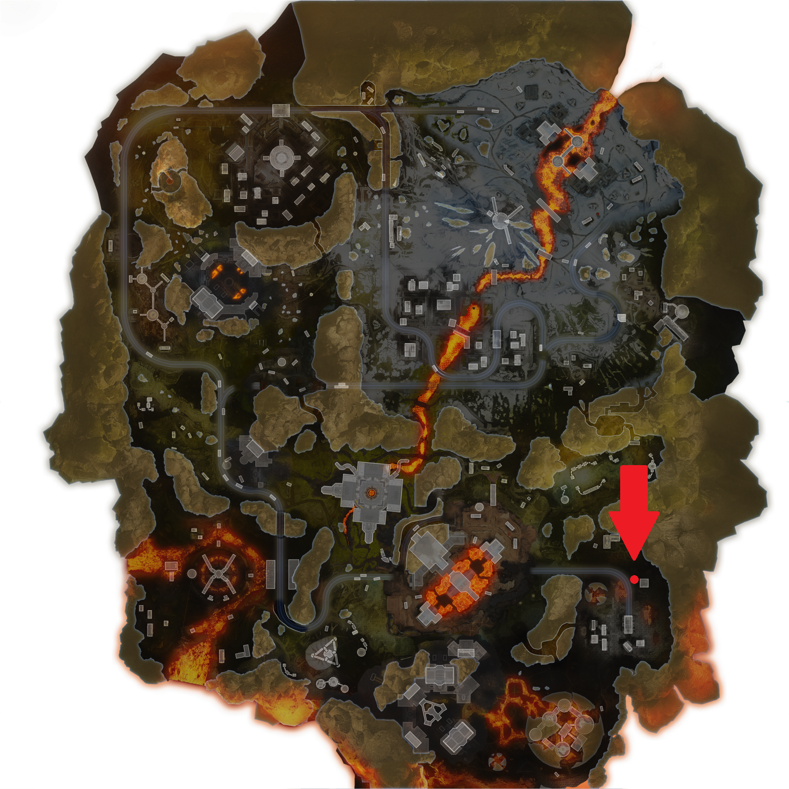 A map of Apex Legends' World's Edge with an arrow in the south east pointing to the location of the first Rampart Town Takeover teaser.