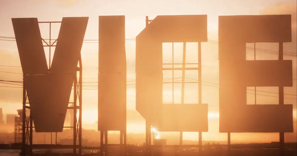 'VICE' sign in the style of the real-world Hollywood sign in GTA 6.
