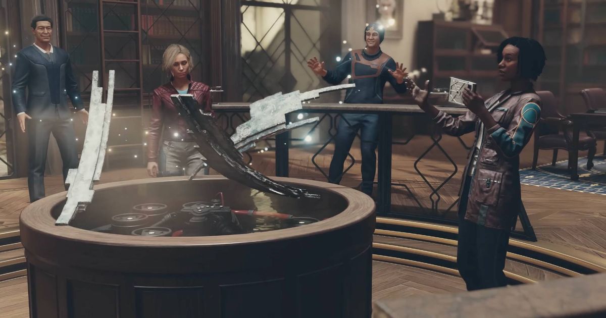 A group of characters sat around a table in Starfield.