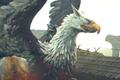 A Dragon's Dogma 2 screenshot showing the Arisen claimbing on the back of a griffin in a small village