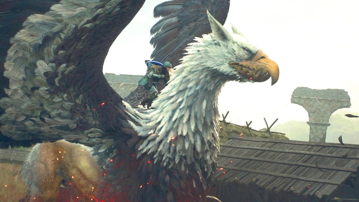 A Dragon's Dogma 2 screenshot showing the Arisen claimbing on the back of a griffin in a small village
