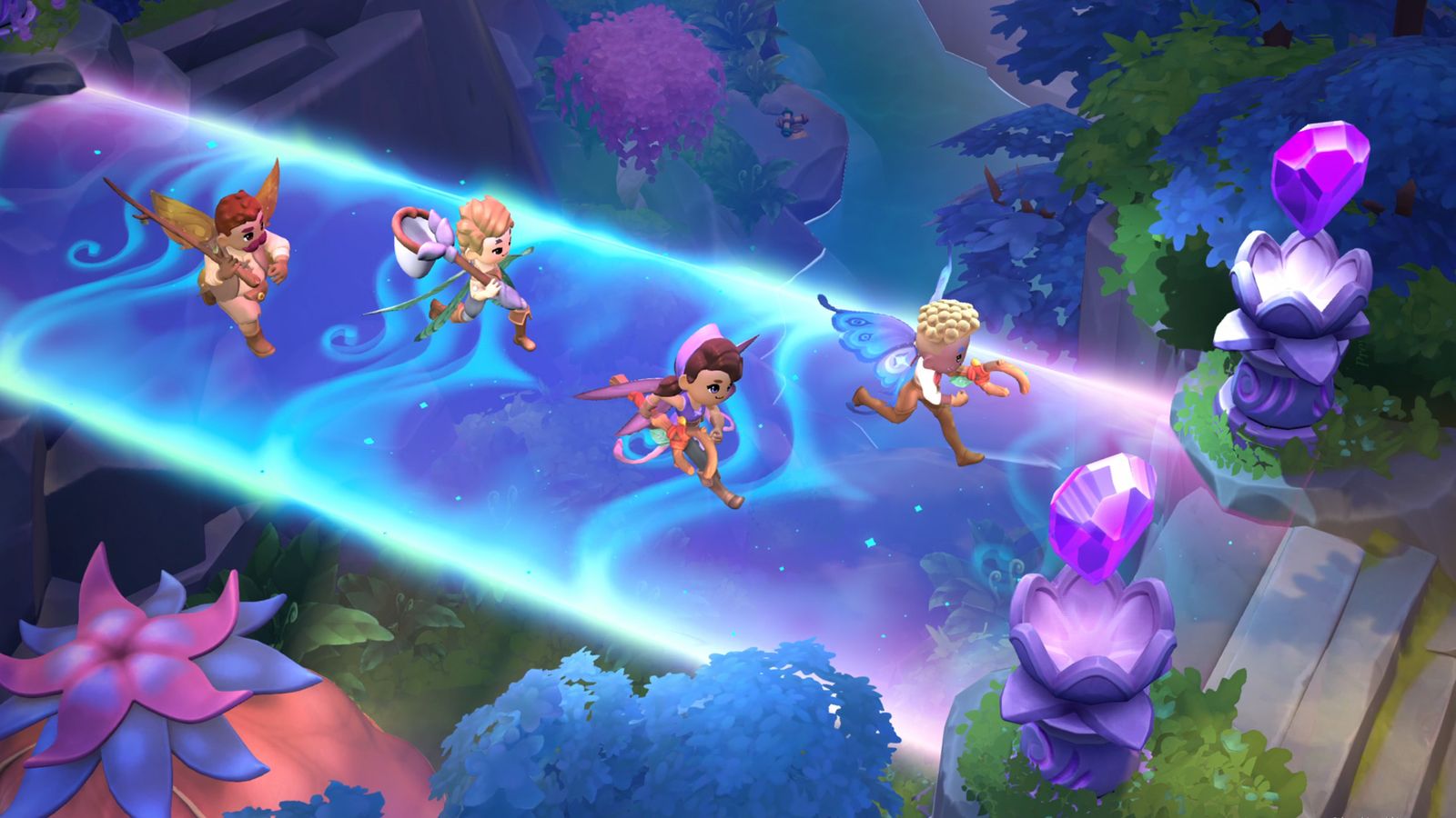 Fae Farm - multiplayer mode showcasing 4 angel characters running across a magical bridge