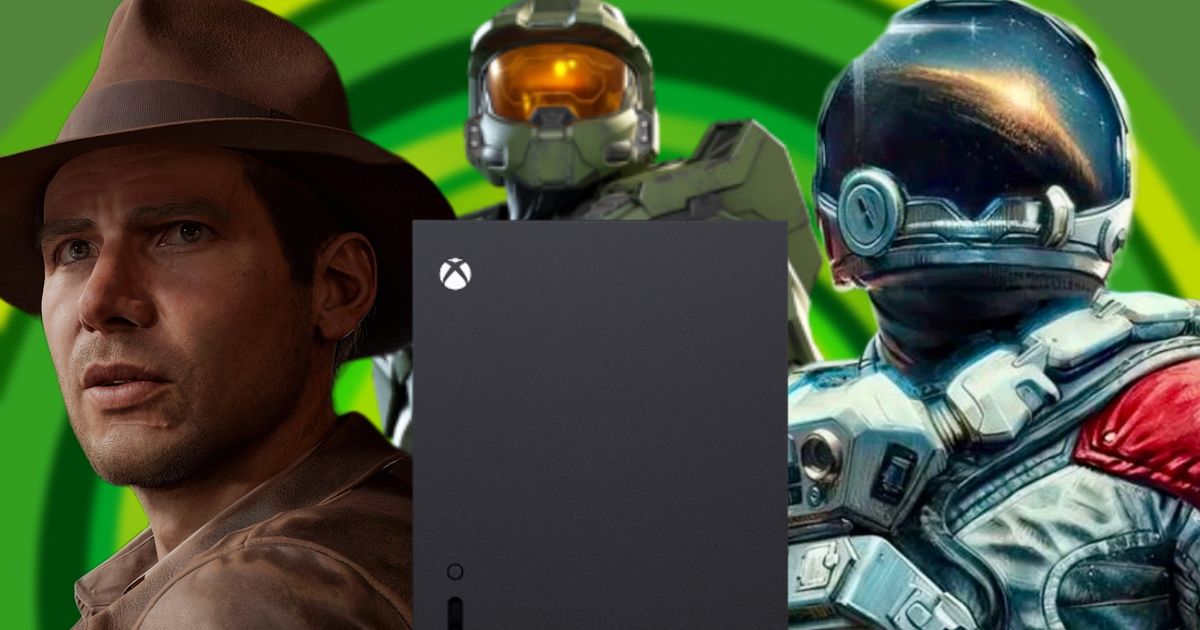 Indiana Jones, Master Chief and the protagonist from Starfield on an Xbox background and a Series X console 