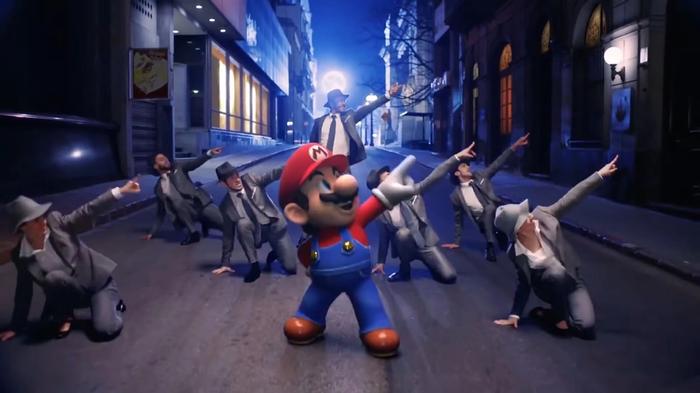 A picture of Mario dancing with some businesspeople/1920s gangsters