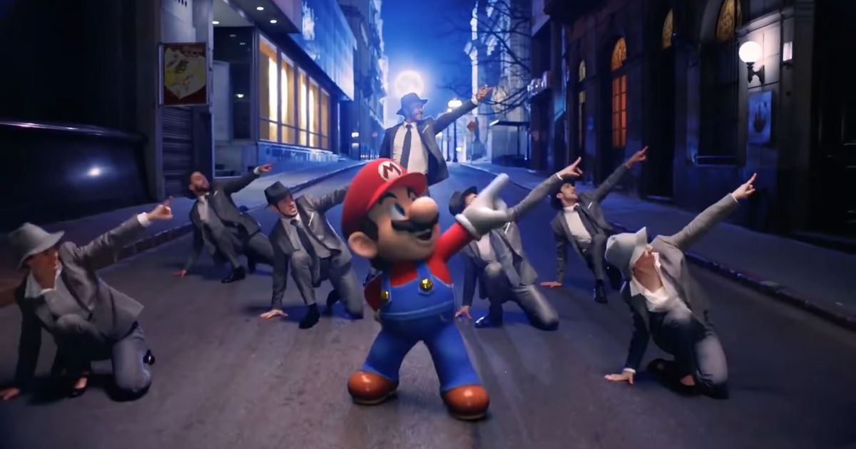 A picture of Mario dancing with some businesspeople/1920s gangsters