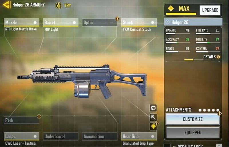 This image features a gunsmith build for the Holger-26 LMG in COD: Mobile.