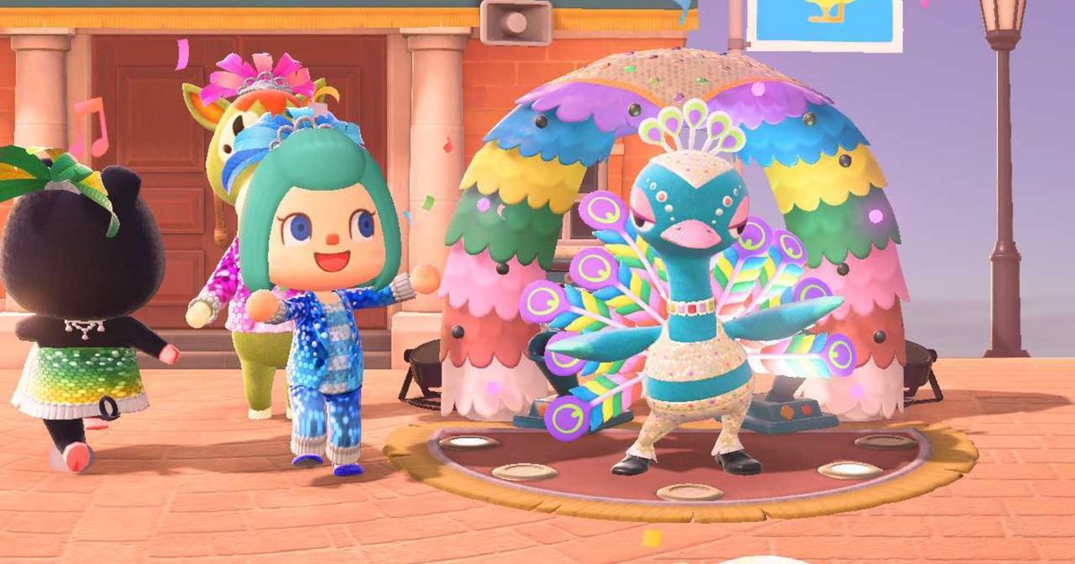 Animal Crossing New Horizons. The player is dressed in Festivale clothing and is dancing next to Pave the Peacock. Pave is on the right and the player is on the left. There are strands of multicoloured confetti in the air.