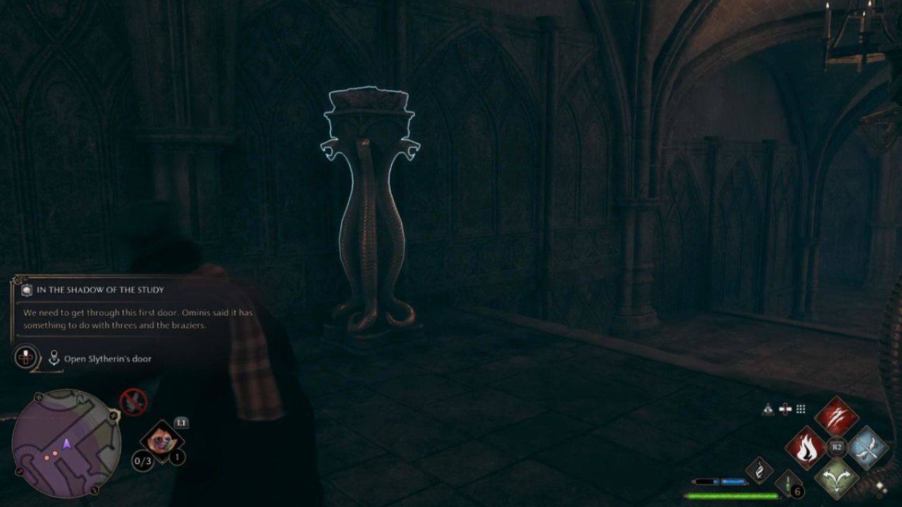 The player character lighting three braziers in a Slytherin quest in Hogwarts Legacy.