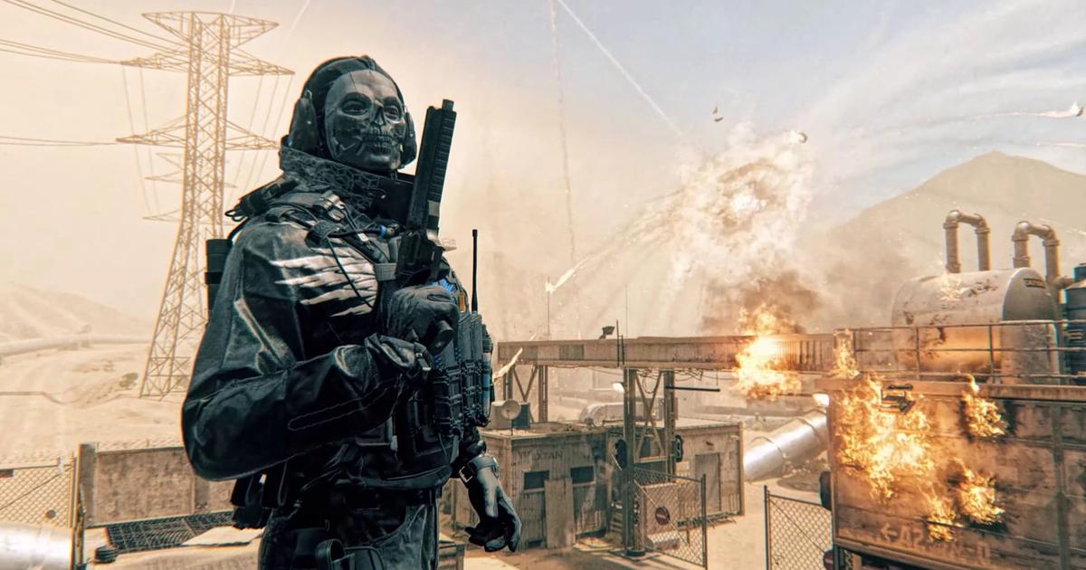 Call of Duty Ghost standing in front of explosion in background