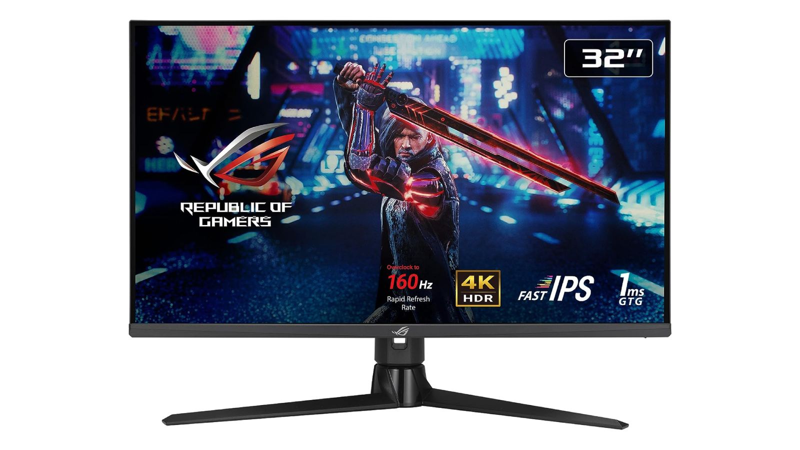 ASUS ROG Strix XG32UQ product image of a black monitor with a video game character holding a red flaming sword on the display.