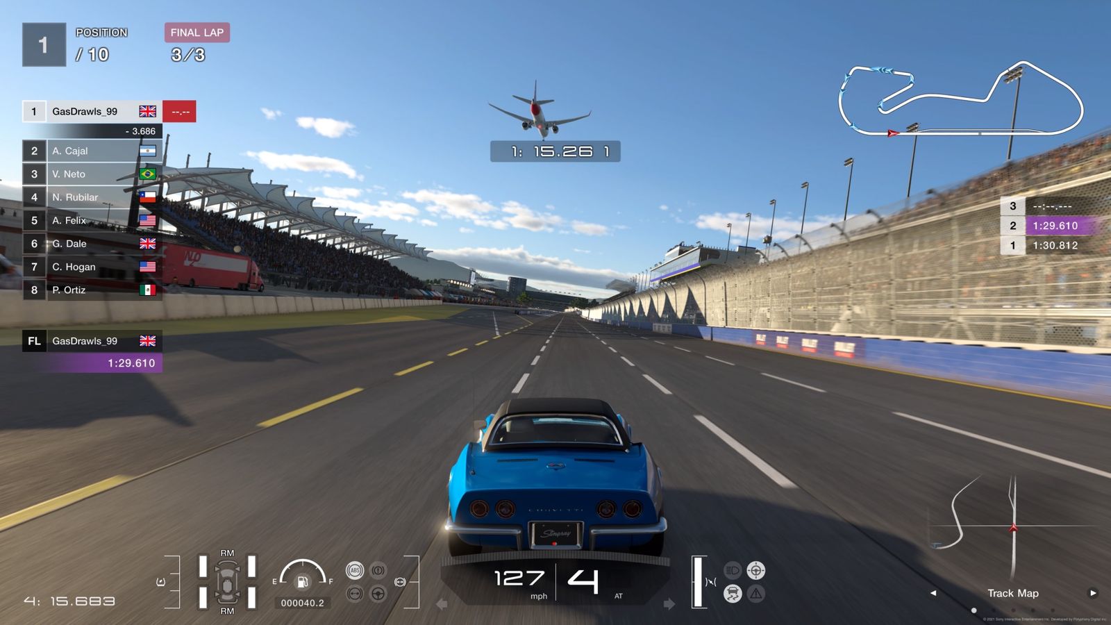 Image of a mid-race gameplay shot in Gran Turismo 7.