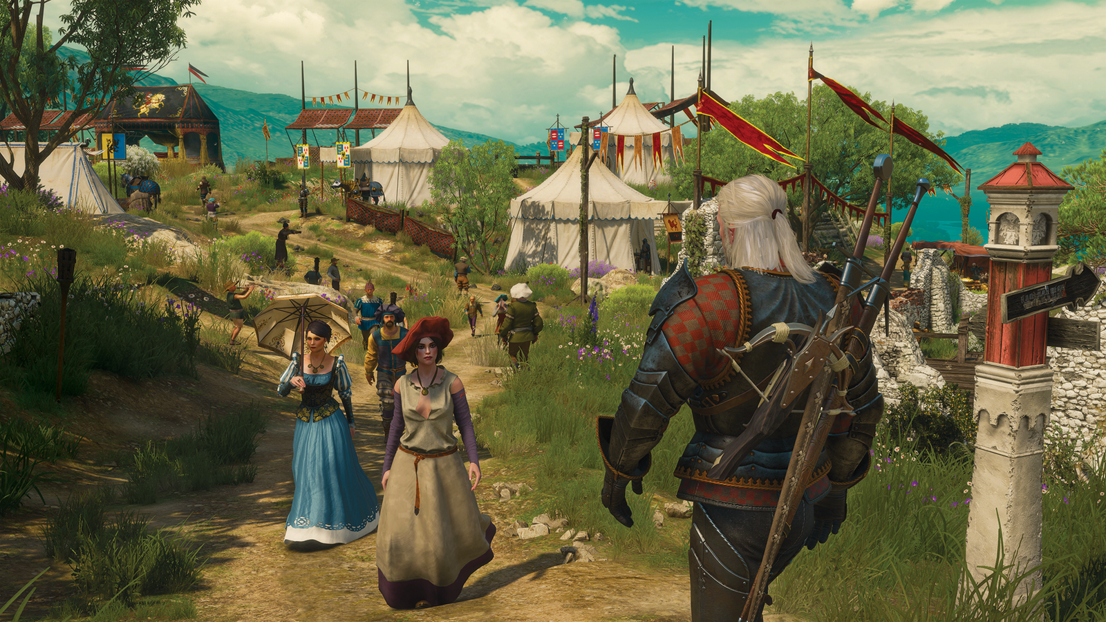 Geralt of Rivia walking among a village in The Witcher 3: Wild Hunt.