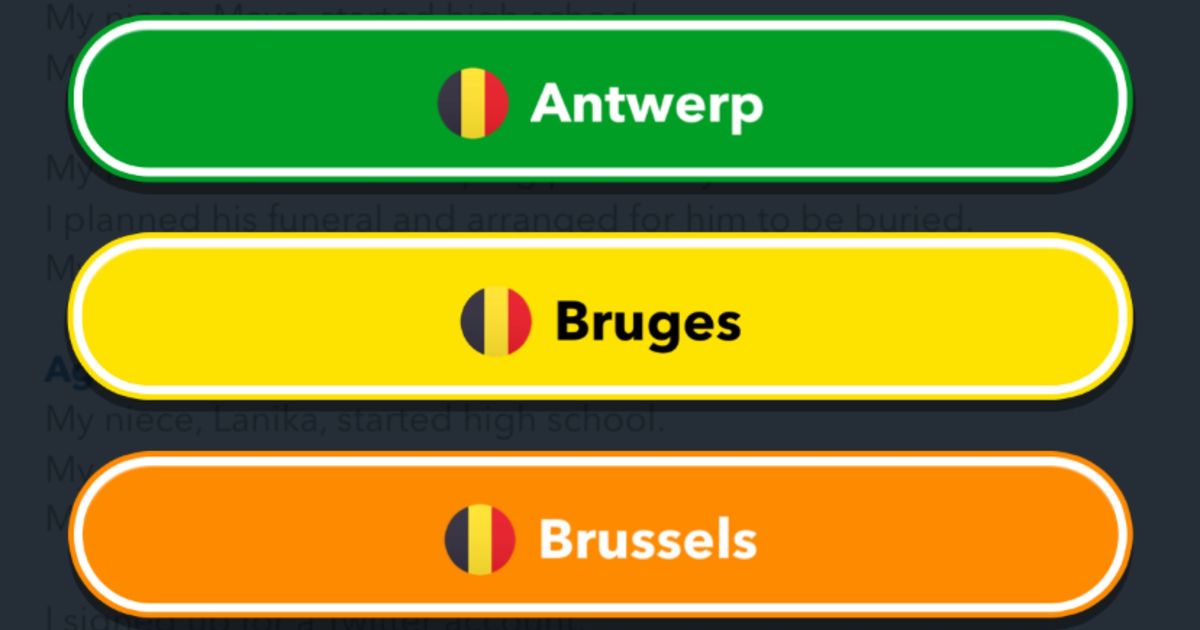 Screenshot from BitLife, showing the range of cities available in Belgium
