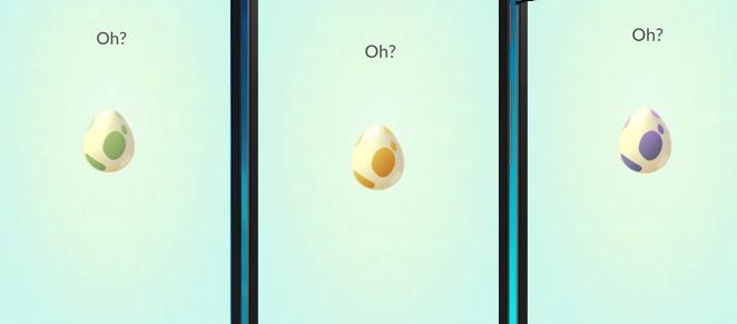 Pokemon Go egg hatching screen, showing three different eggs about to hatch.