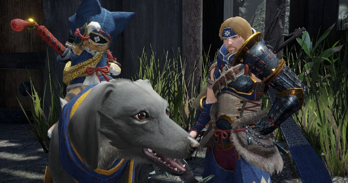 A Monster Hunter Rise player standing with their Palico and Palamute.