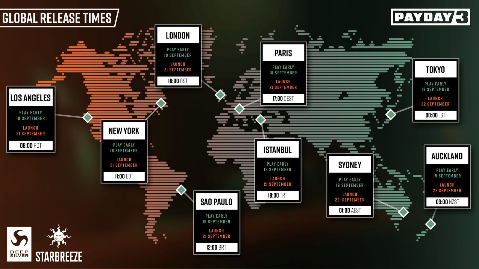 The global map showing Payday 3 release times