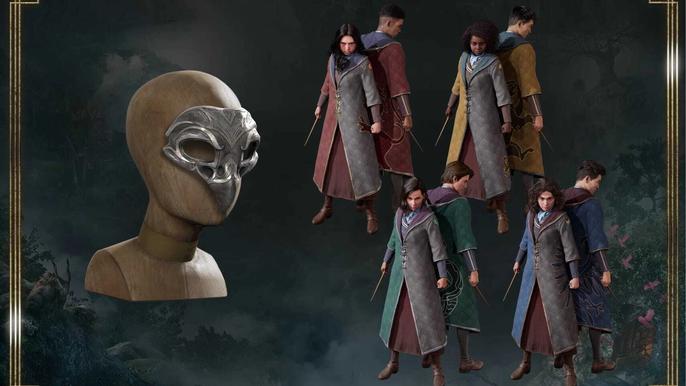 A masquerade style mask, and some robe options for Hogwarts Legacy